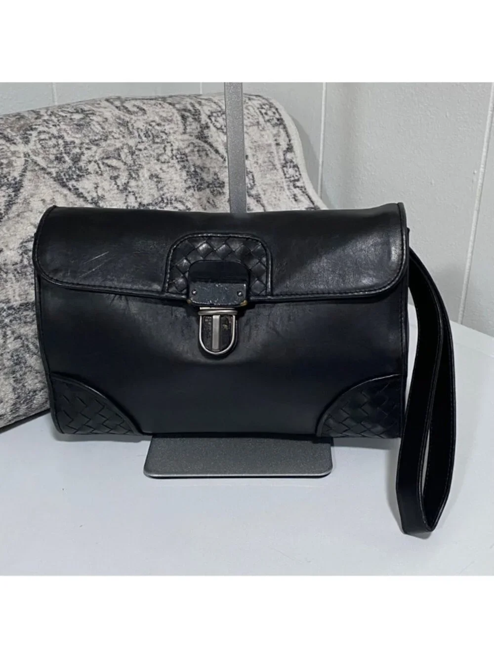 Bottega Veneta Intrecciato Leather Pouchette Clutch Wristlet in Black